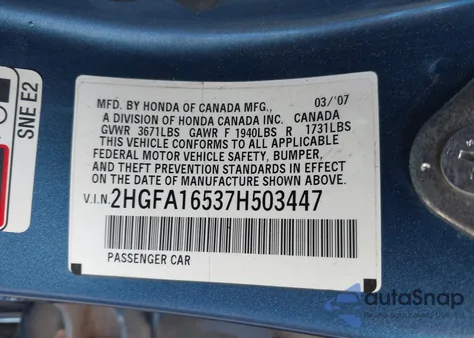 2007 Honda Civic Lx z USA, uszkodzony, nr VIN 2HGFA16537H503447